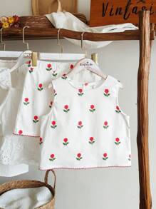 SHEIN Conjunto de pantalón corto y top corto sin mangas con estampado floral, conjunto de verano liviano para niñas