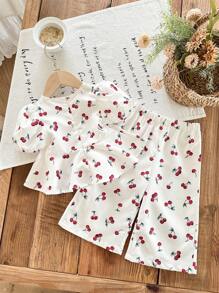 SHEIN LMoss Kids Babygirl 花卉印花短袖上衣和松紧腰裤两件套服装，夏季 - 彩色 - 查看 2