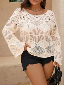 EMERY ROSE Plus Romantic Hollow-Out Design Casual Knit Sweater Knit Pullover Fall Winter Autumn - Khaki - View 3