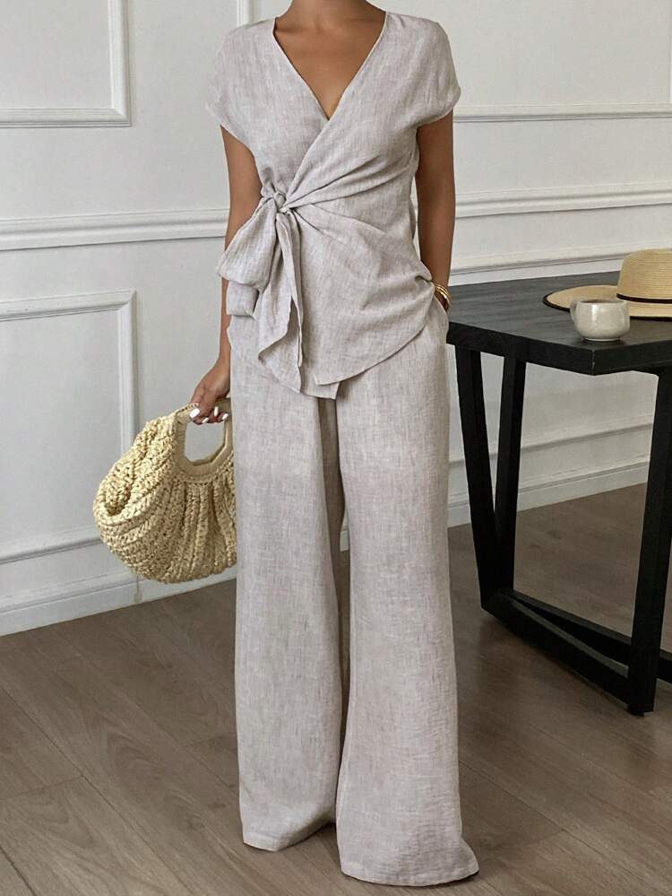 2pcs/Set Women's Vacation Casual Tie-Up Wrap Shirt And Pants