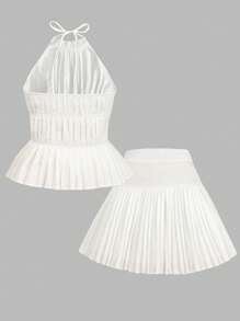 青少年女孩荷叶边领无袖上衣和褶皱迷你裙两件套 - 白色 - 查看 4