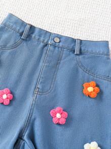 2件套女童棉质钩针花朵吊带背心和牛仔短裤套装 - 粉色 - 查看 7