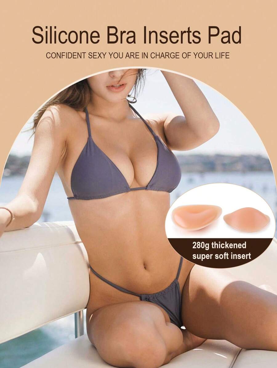 SHEIN Miếng lót áo ngực tam giác tích hợp silicon màu nude cỡ lớn, 280g - Màu be - Xem 1