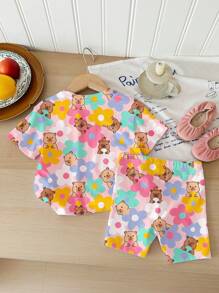 SHEIN Leap Crew 可爱卡通彩色花朵和菠萝图案，年轻女孩休闲简约短袖圆领T恤和短裤两件套，适合夏季 - 彩色 - 查看 2