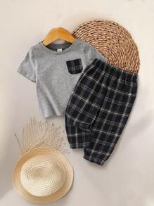 SHEIN 2pcs/Set Dozemod Kids Baby Boy Plaid Pattern Pocket Tee & Plaid Shorts Comfy Casual Pajama Set - Grey - View 6