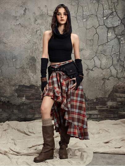 Grunge Punk Women's Vintage Y2K Plaid High-Slit A-Line Skirt