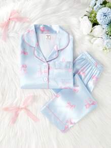 2pcs Young Girl Cute Butterfly Printed Collar Cardigan Long Sleeve Top And Casual Long Pants Comfortable Pajama Set - Blue - View 5