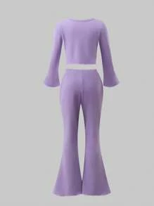 Set de 2 piezas de ropa informal y cómoda de niña con cuello redondo, manga larga, en seda de leche de unicolor - Morado - Ver 4