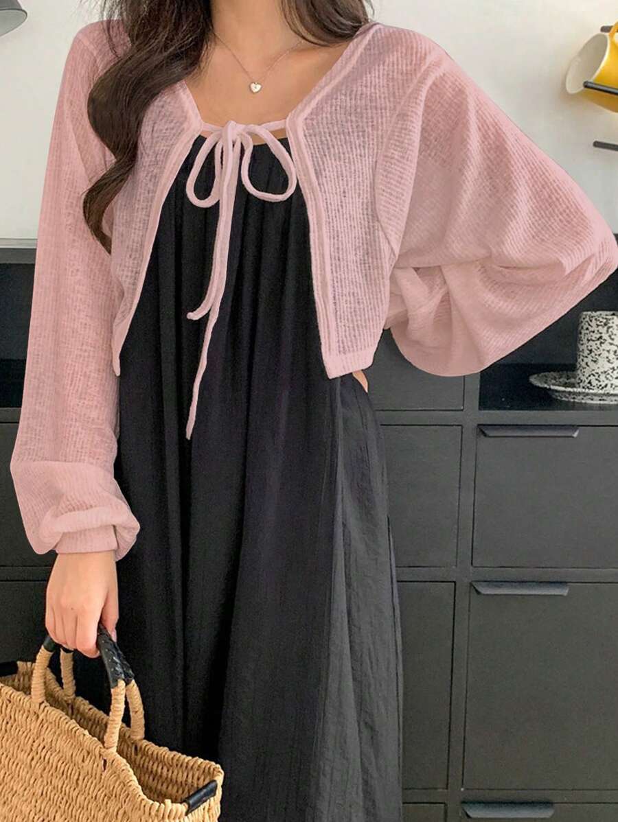 DAZY Damen Bindegürtel einfarbige Strickjacke, kann über einem T-Shirt getragen werden, Damen Langarm Tops für den Sommer