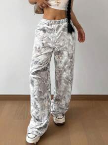 SHEIN 少女休闲束腰印花运动裤，适合返校季、基本款、百搭日常穿着