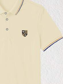 Men's Button-Up Polo Shirt With Shield Graphic Print, Short Sleeve - Apricot - View 3
