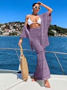 EURMUSE 女士 Vcay 钩针针织七分袖和服及裤子罩衫套装 - 紫丁香色 - 查看 5