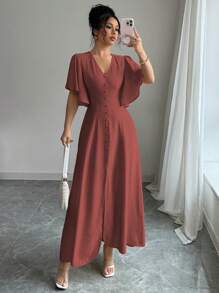 Elenzga Váy chữ A cổ chữ V thanh lịch giản dị dành cho nữ có cạp chun, viền xẻ, nút cài, tay bồng, thích hợp cho tiệc trà chiều, tiệc tùng, kỳ nghỉ, đi làm, màu trơn, xuân/hè - Rỉ Nâu - Xem 5