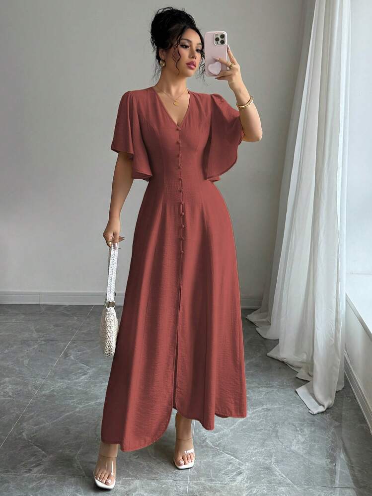 SHEIN Elenzya Abito casual ed elegante da donna con scollo a V, vita cinturata, orlo con spacco, dettaglio con bottone, maniche a palloncino, adatto per il pomeriggio del tè, feste, vacanze, pendolarismo, monocromatico, primavera/estate - Marrone ruggine - Visualizzare 5
