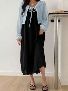 DAZY 女式前开腰带纯色T恤，适合夏季分层穿着，学院风上衣，长袖女式上衣