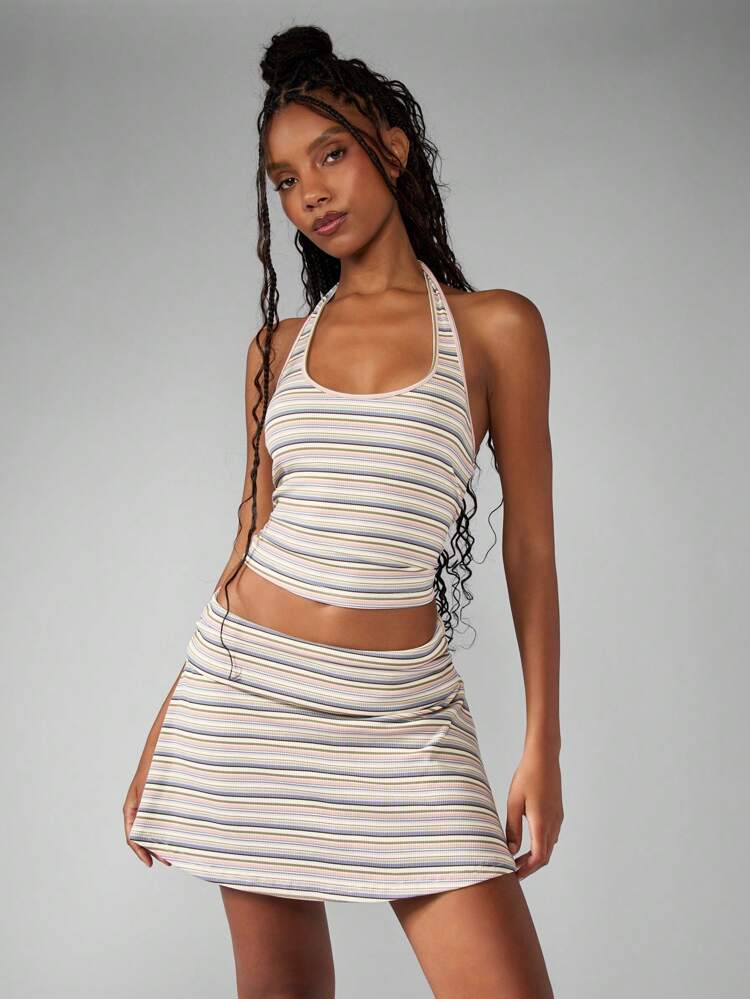 MISSGUIDED Modern Vintage Ribbed Halter Crop Top And A-Line Mini Skirt Co-Ord Festival Summer Beach Holiday Party Outfit