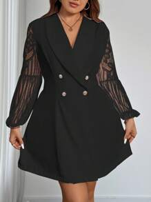 Celure Robe De Costume Double Boutonnage Cordon De Style Châle À Manches Lanterne En Dentelle Pour Grande Taille