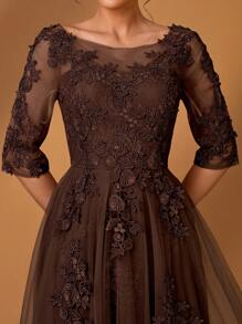 Serin Romantic Elegant Round Neck 3/4 Sleeve Lace & Mesh Panel A-Line Hem Embroidered Dress, Suitable For Formal Event, Party, Wedding, Bride & Mother Of Bride, Spring/Summer