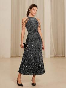 Aveloria Rosie 全新奢华性感亮片拼接水晶链露背连衣裙，无袖超长收腰连衣裙，优雅春夏季派对礼服 - 灰色 - 查看 4