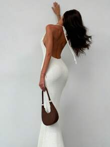 Aloruh Apricot Color Bandage Backless Floral Summer Knitted Bodycon Dress For Romantic Date Or Vacation