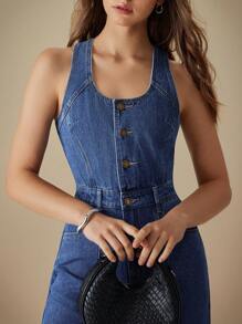 Selenza 女式纯色休闲无袖牛仔连体裤 - 中等水洗藍 - 查看 6