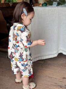 Hapijoa 2件套幼儿女孩卡通全印花休闲衬衫和短袖家居服套装 - 白色 - 查看 1