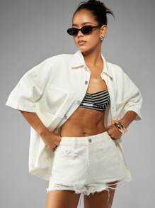 MISSGUIDED High Rise Ripped Frayed Hem Raw Edge Summer Shorts Festival Beach Vacation Cut Off Hot Pants Stone Washed Classic Jean Shorts - White - View 4