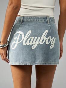 Missguided x Playboy 迷你牛仔裙配兔子标志节日夏季海滩派对西部牛仔女孩 Y2K 美学街头时尚经典 A 字裙 - 中等水洗藍 - 查看 1