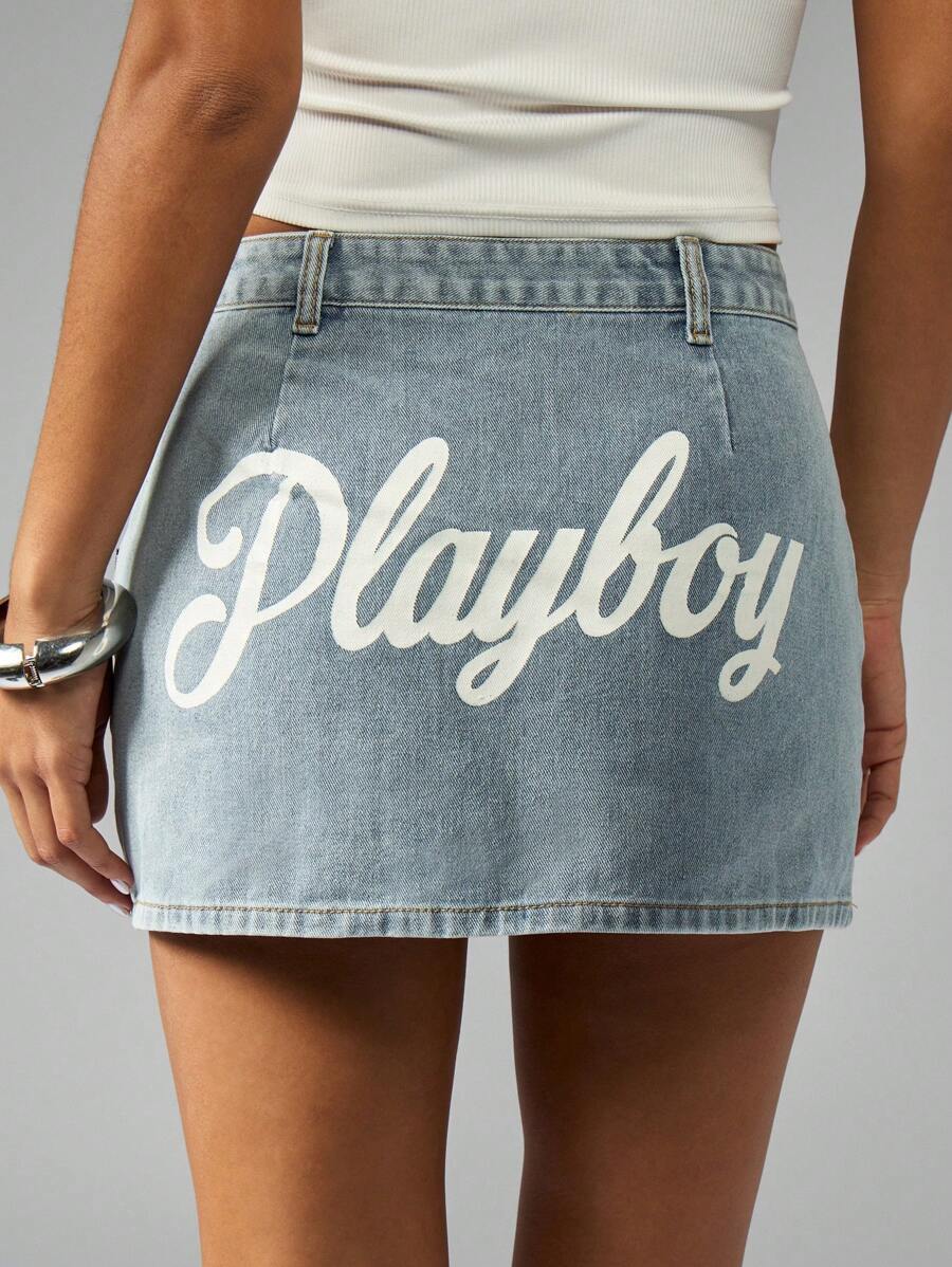 Missguided x Playboy 迷你牛仔裙配兔子标志节日夏季海滩派对西部牛仔女孩 Y2K 美学街头时尚经典 A 字裙 - 中等水洗藍 - 查看 1
