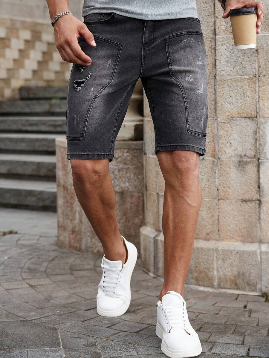 Manfinity Homme Men's Pockets Distressed Slim Fit Casual Versatile Denim Shorts - Black - View 1