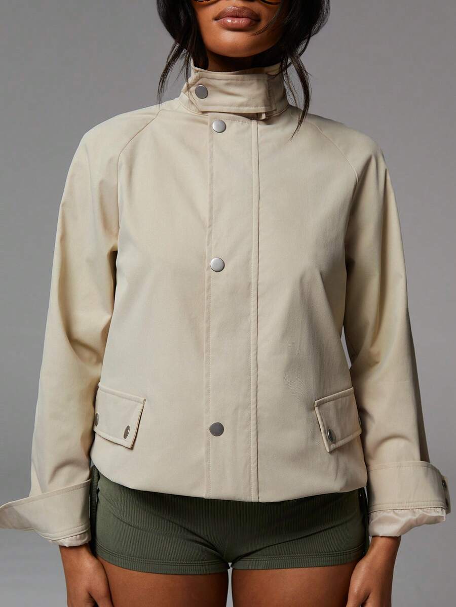 Athîral 休闲纯色立领风衣，春秋春季夹克女装夏季夹克女装短款夹克女装夹克 S 春季夹克女装夏季夹克女装春季夹克轻便夹克女装 - 卡其色 - 查看 1