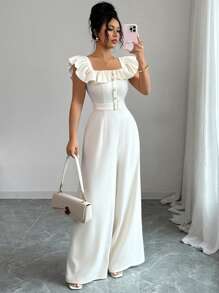 Elenzga Bộ đồ liền thân thắt lưng giả cổ vuông xếp nếp mới cho nữ, trang trí nút, thanh lịch, đa năng, mặc đi làm hàng ngày, cạp cao, thon gọn - Màu be - Xem 3