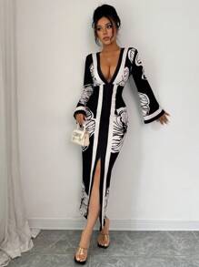 Elenzga Autumn Women's Sexy Bohemian Floral Print Concert Dress - Black - View 5