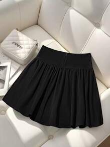 Seusyu Women's Black High Waist Lace Trim Bowknot A-Line Mini Skirt - Black - View 2