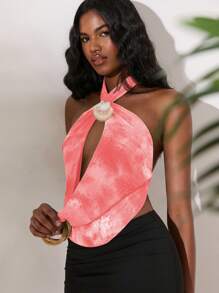 Opulessa 1pc Women Shell Print Halter Neck Backless Blouse