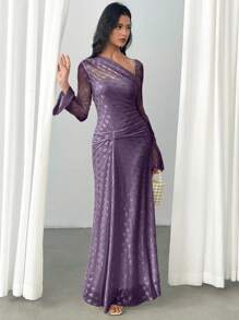 Modelyn 优雅蝴蝶结网眼不对称领口连衣裙