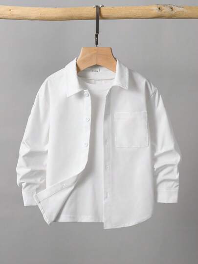 SHEIN 儿童/年轻男孩休闲韩版多口袋纯色梭织白色长袖衬衫，适合学校、花园、海滩、生日、春季、夏季、秋季、冬季学校准备白衬衫长袖上衣白色上衣可爱上衣少女衬衫男童服装长袖儿童服装 Y2k 上衣
