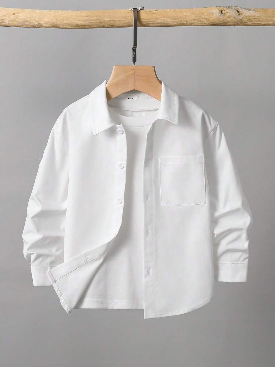 SHEIN 儿童/年轻男孩休闲韩版多口袋纯色梭织白色长袖衬衫，适合学校、花园、海滩、生日、春季、夏季、秋季、冬季学校准备白衬衫长袖上衣白色上衣可爱上衣少女衬衫男童服装长袖儿童服装 Y2k 上衣 - 白色 - 查看 1