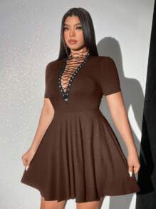 Viva Relle Plus Size Women Summer Sexy Ribbed V-Neck Tie Front Dress - Coffee Brown - View 6