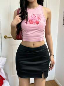 SHEIN Mini-jupe fendue, taille moyenne, style minimaliste confortable, pour adolescentes