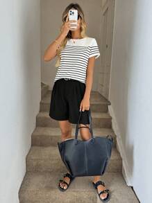 Easowa Striped Print Round Neck Tee - White - View 6