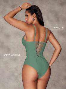 Shapewave 1pc Red Shapewear Back Lacing Front Ruched Wireless Bikini Swimsuit For Mature Sexy Women For Summer Beach Vacation