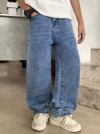 SHEIN Pantalones vaqueros rectos y sueltos de estilo vintage y casual de la Y2K en azul para niños, ropa cómoda y suave para uso diario, ropa de otoño e invierno, ropa de vuelta al colegio, ropa para homecoming, rave, festivales y playa, ropa de calle, ropa de otoño, ropa de vuelta al colegio, estilo old money, ropa de calle, pantalones vaqueros anchos y punk, pantalones vaqueros sueltos de la Y2K