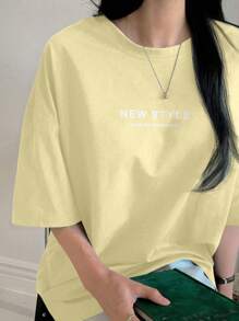 DAZY Women Slogan Print Casual Loose Fit Round Neck Drop Shoulder Short Sleeve T-Shirt, For Summer - Yellow - View 7