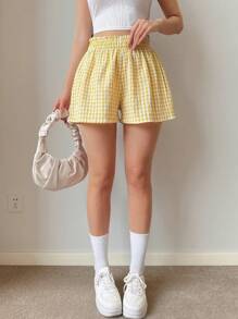 Sunnyshic Yellow Plaid Casual Waist Ruffle Hem Beach Shorts, Versatile For Spring/Summer Vacation - Yellow - View 3