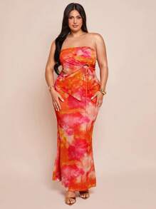SHEIN BAE Plus Size Women Elegant Floral Print Drawstring Asymmetric Hem High Slit Bandeau Top For Spring/Summer, Vacation - Orange - View 3