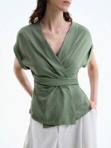 Aalyst Summer 2025 New Criss-Cross Waist Design Green Casual Women's Shirt With Countryside Vibe