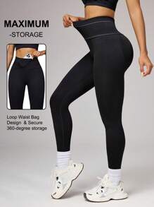 SHEIN Sports 无缝骑行高腰压缩塑身紧身裤，带多个口袋，性感且有支撑力 - 黑色 - 查看 1