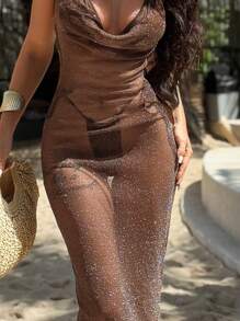 Swim SXY Women's Vacation Draped Neck Sequin Draped Neck Dress For Summer - Brown - View 5