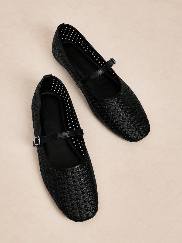 Rosivie Women's 2025 Summer New French Square Toe Versatile Black Hollow Woven Strap Low-Cut Elegant Breathable Comfortable Flat Shoes